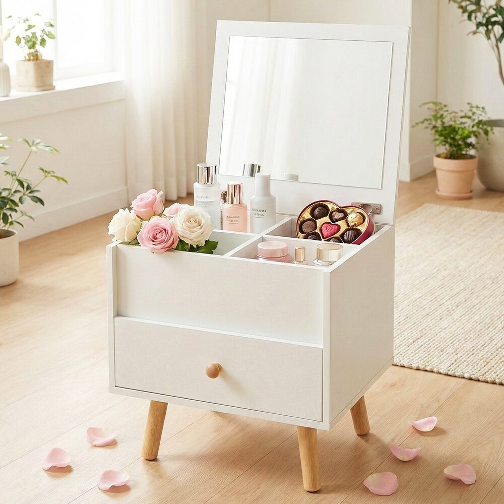 KOTTII 좌식 화장대 거울과 수납 서랍이 달린 미니 화장대, 화이트 상세 이미지 2